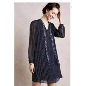 Anthropologie 11 1 Tylho Isla Navy Polka Dot Floral  Sheer Tie Neck Dress Size M
